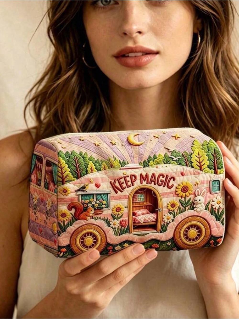 Quilted Pink 'Keep Magic' Cosmetic Bag with Camper Motif